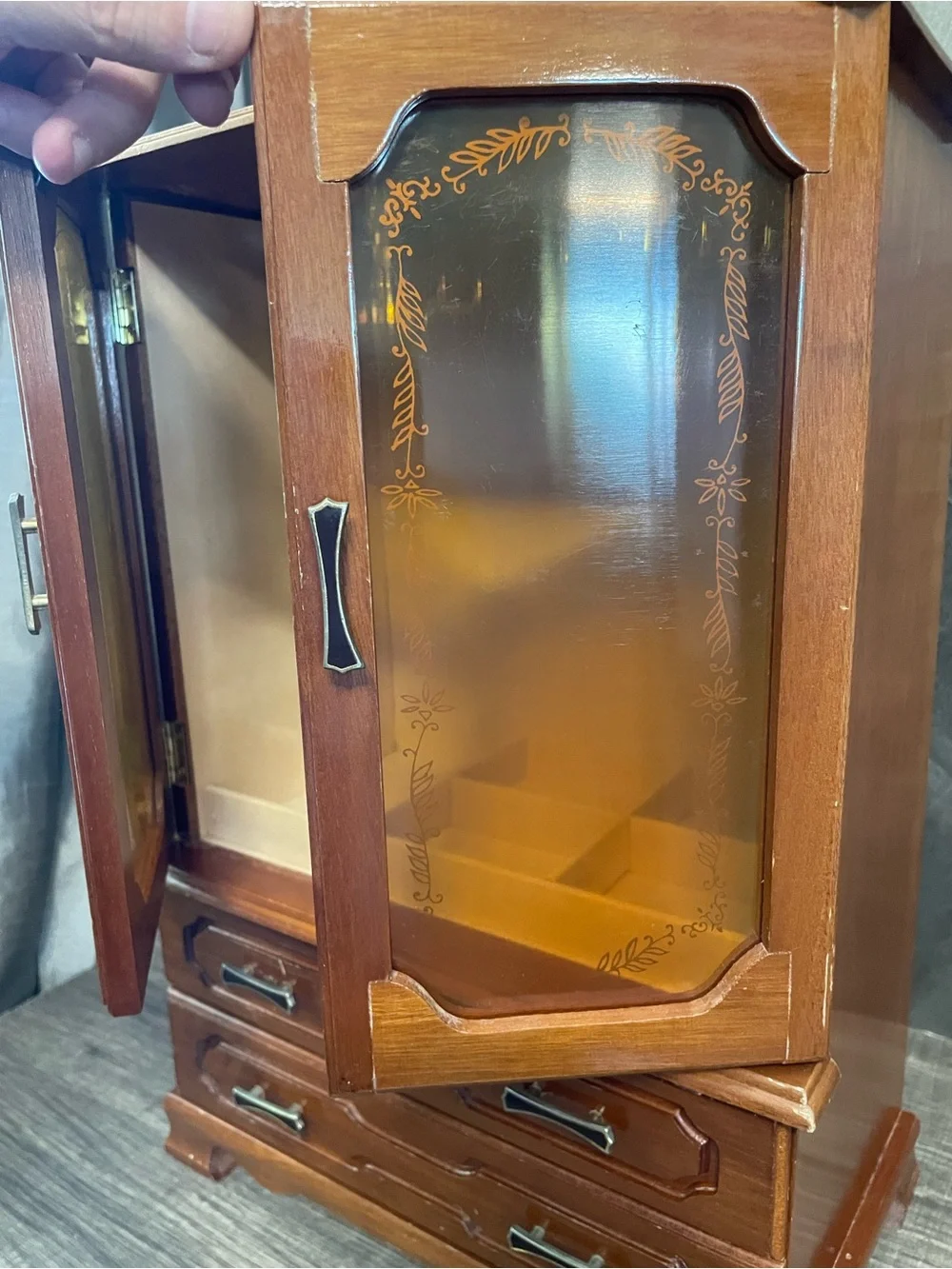 Vintage Mele Wood Jewelry Armoire Etched Glass Box